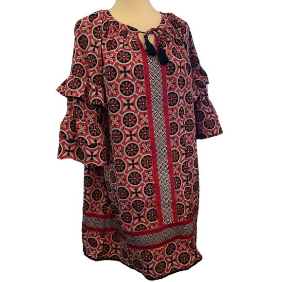 Simply Southern Boho Tassel-Neck Ruffle Sleeve Dress, Size Large - Picture 1 of 4